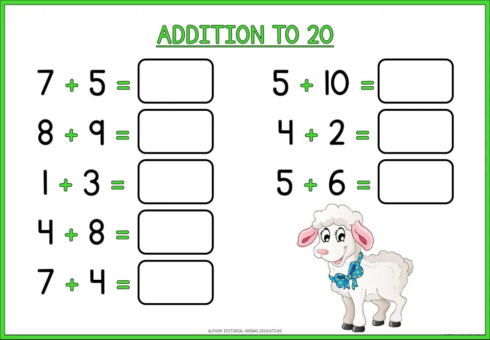 Addition facts beside a lamb: students find the totals of 7 + 5, 8 + 9, 5 + 10 and five more sums to 20