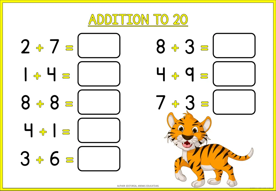 Tiger-themed sums to 20: learners solve 2 + 7, 8 + 8, 4 + 9 and five other facts, recording each answer