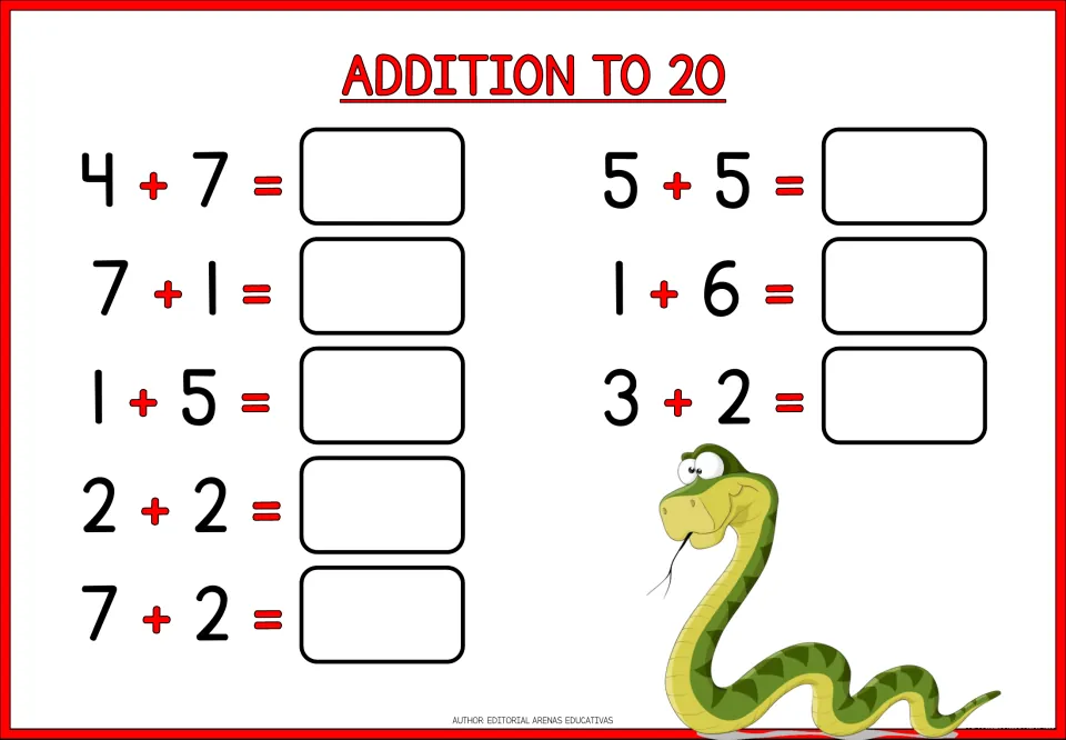 Snake page of adding practice: eight equations including 4 + 7, 5 + 5 and 1 + 6 for students to complete
