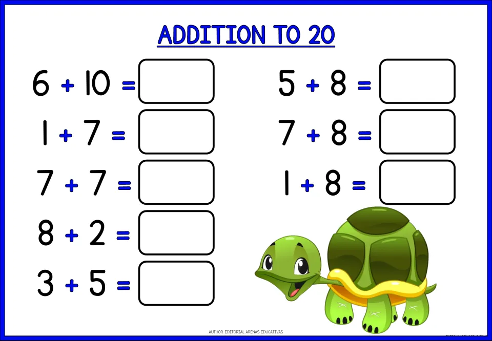 Turtle sheet with larger addends: students solve 6 + 10, 7 + 8, 5 + 8 and five more totals up to 20