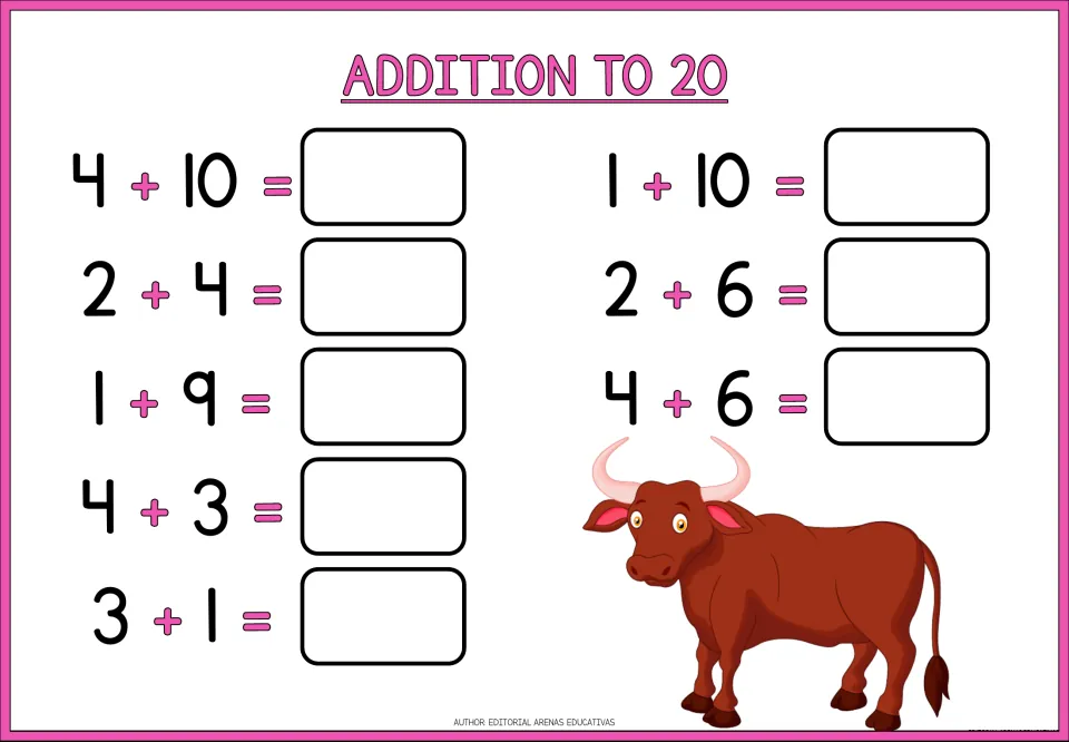Bull-themed page adding tens: students solve 4 + 10, 1 + 10, 1 + 9 and five other equations for totals