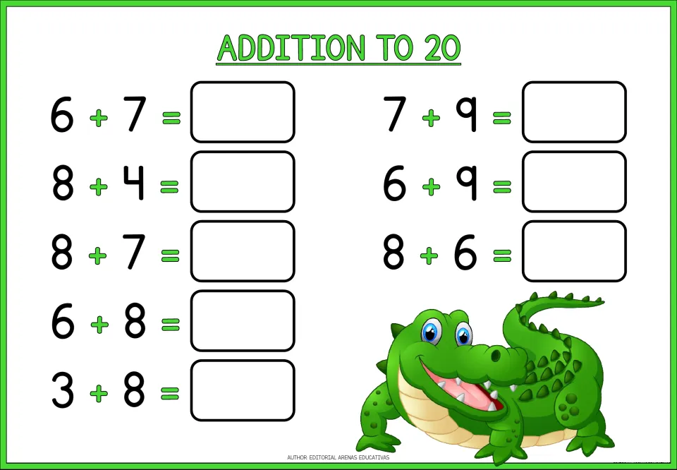 Crocodile page of harder facts: students add 8 + 7, 7 + 9, 6 + 9 and five more pairs with totals from 11 to 16