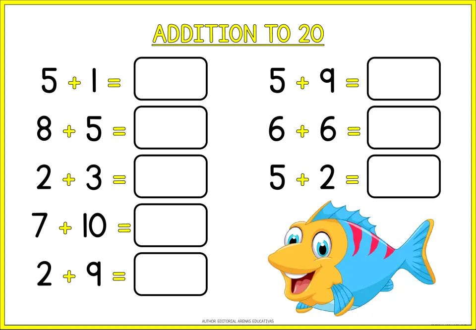Fish page of mixed facts: students solve 5 + 1, 7 + 10, 6 + 6 and five more additions, writing the sums