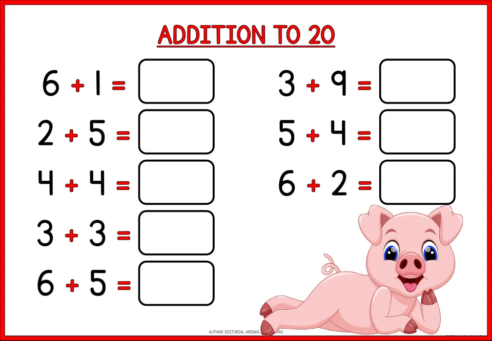 Pig-themed doubles and near facts: students add 4 + 4, 3 + 3, 6 + 5 and five other pairs within 20