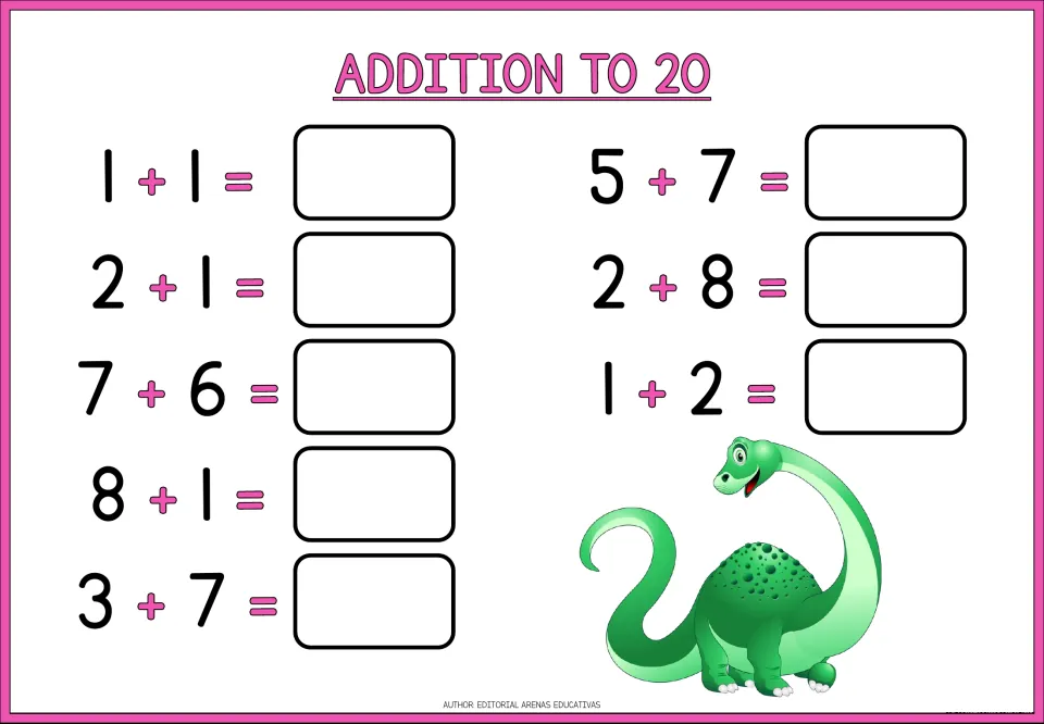 Adding within 20: students write the sum for 8 facts, from 1 + 1 and 2 + 1 to 7 + 6 and 5 + 7, beside a green dinosaur