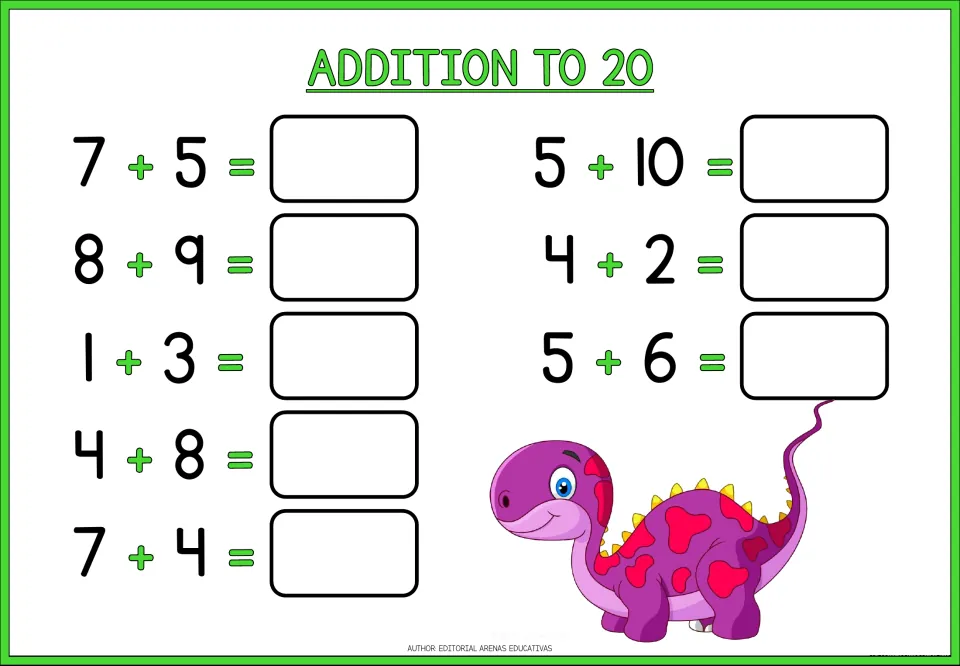 Addition to 20 practice: students solve 8 sums including 7 + 5, 8 + 9, 5 + 10 and 5 + 6 beside a purple dinosaur