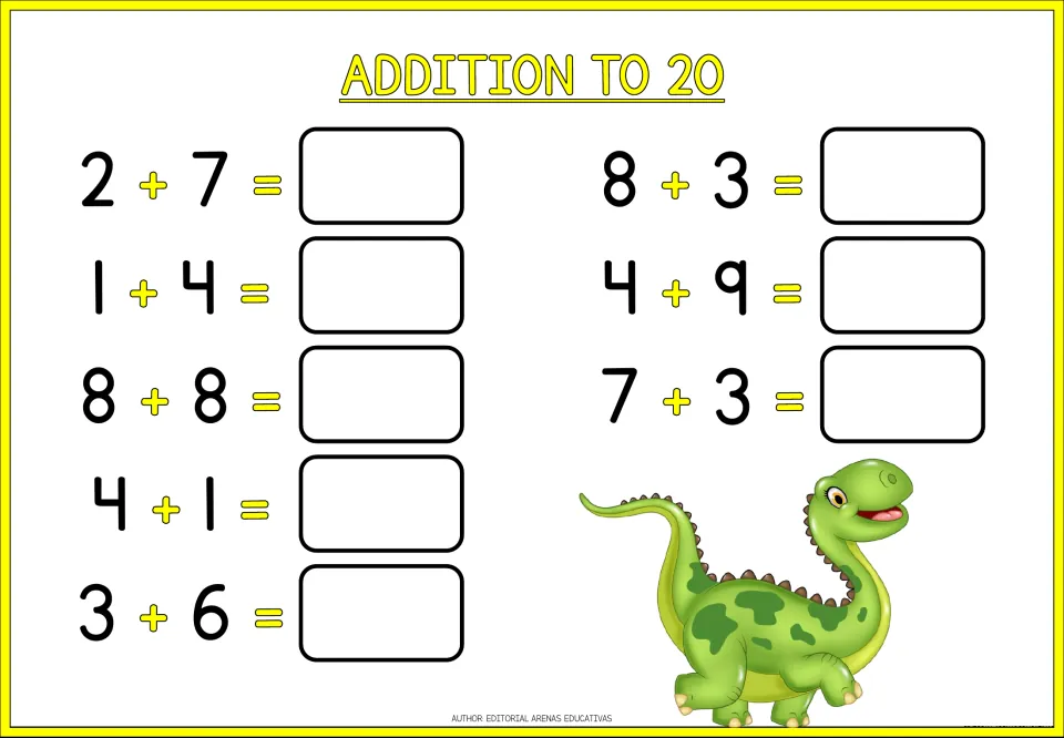 Addition facts to 20: students solve 8 equations such as 2 + 7, 8 + 8, 4 + 9 and 7 + 3 and write each total