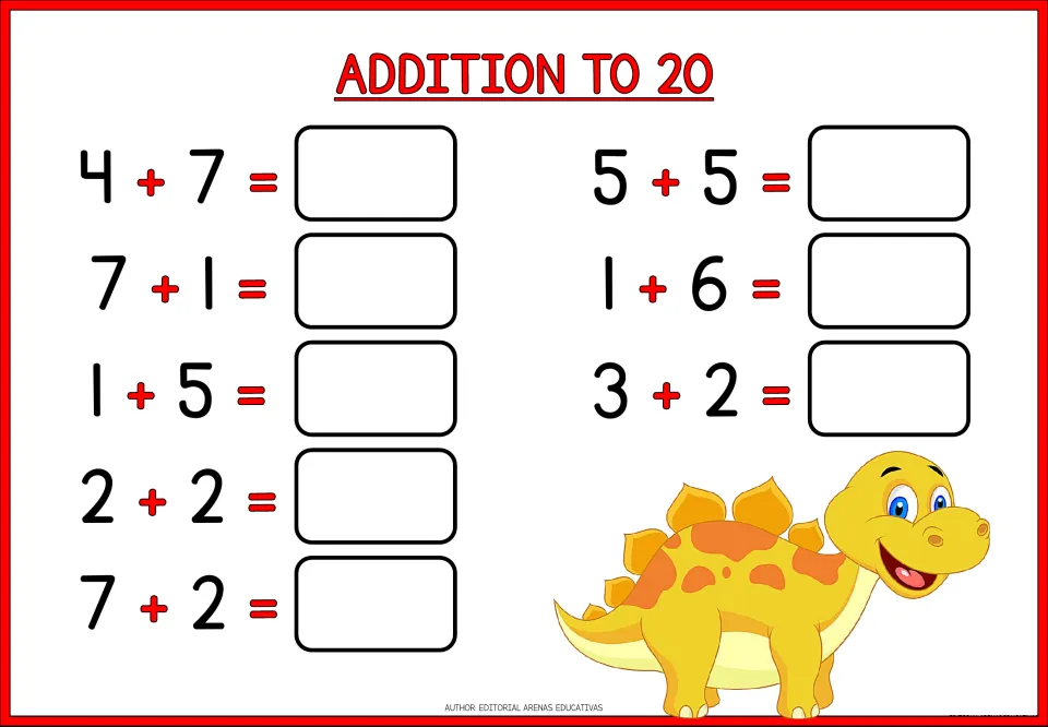 Single-digit addition: students write sums for 8 facts like 4 + 7, 2 + 2, 5 + 5 and 3 + 2 next to a yellow stegosaurus