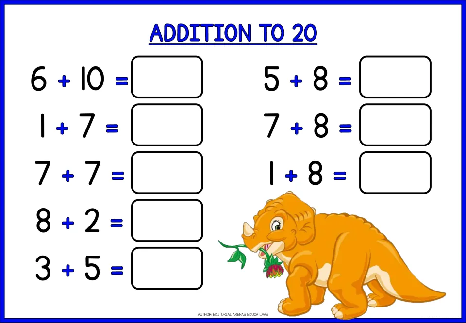 Sums to 20 drill: students add 8 pairs including 6 + 10, 7 + 7, 7 + 8 and 1 + 8, with an orange dinosaur holding a flower