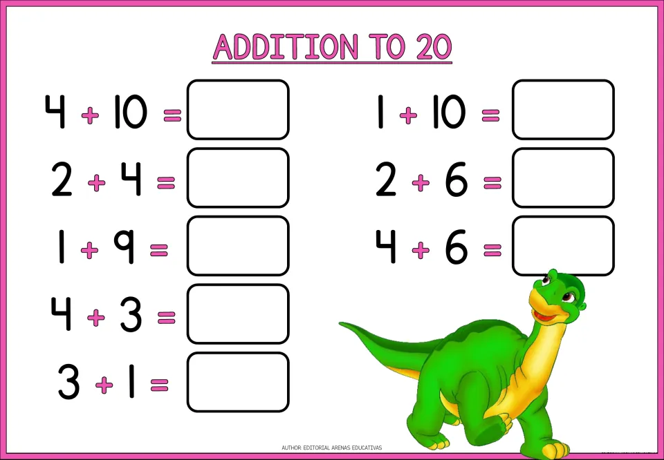 Adding with ten: students solve 4 + 10, 1 + 10, 1 + 9, 4 + 6 and four more facts beside a long-necked dinosaur