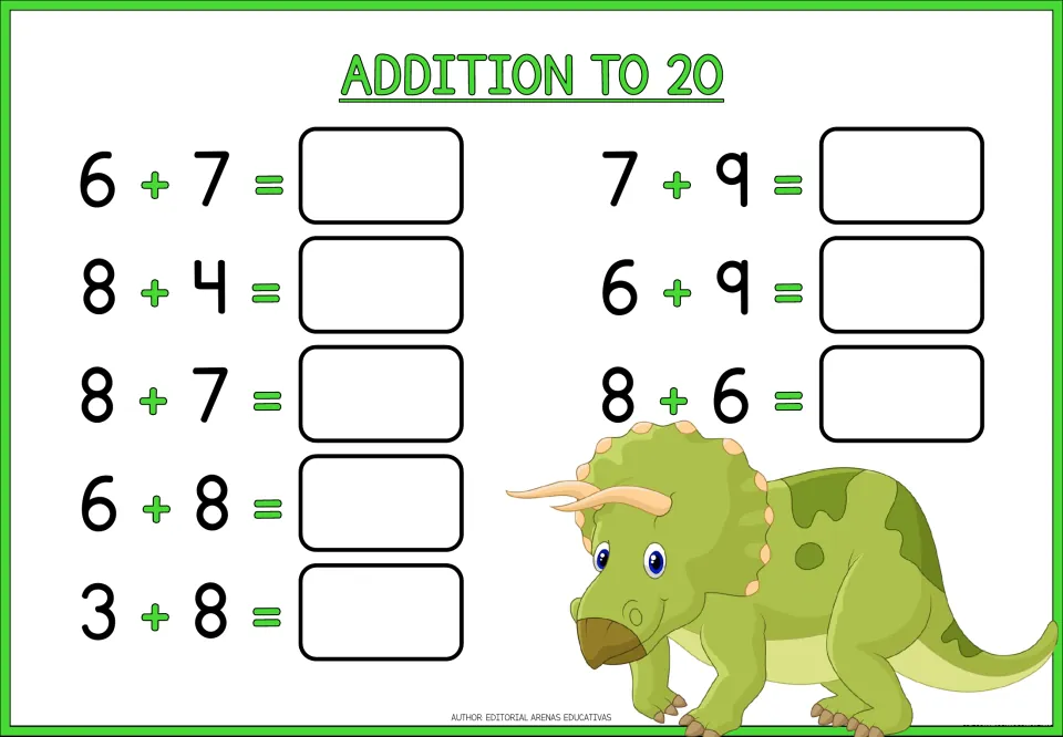 Teen-sum addition: students find totals for 8 facts like 6 + 7, 8 + 7, 7 + 9 and 6 + 9 next to a green triceratops
