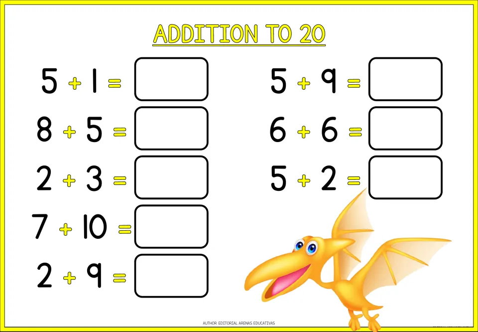 Mixed addition within 20: students answer 8 facts such as 5 + 1, 7 + 10, 2 + 9 and 6 + 6 beside a yellow pterodactyl