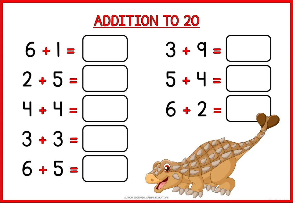 Addition to 20 review: students complete 8 facts, among them doubles 4 + 4 and 3 + 3, beside an ankylosaurus