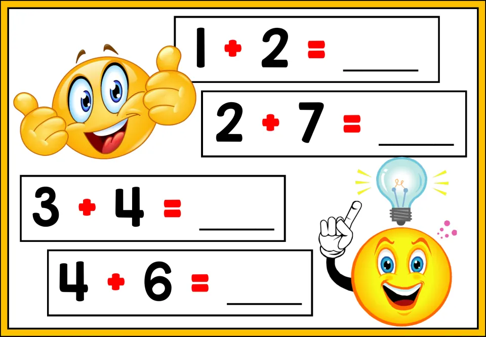 Addition facts: students write the sum for 1 + 2, 2 + 7, 3 + 4 and 4 + 6, with smiling emoji and light bulb clip art