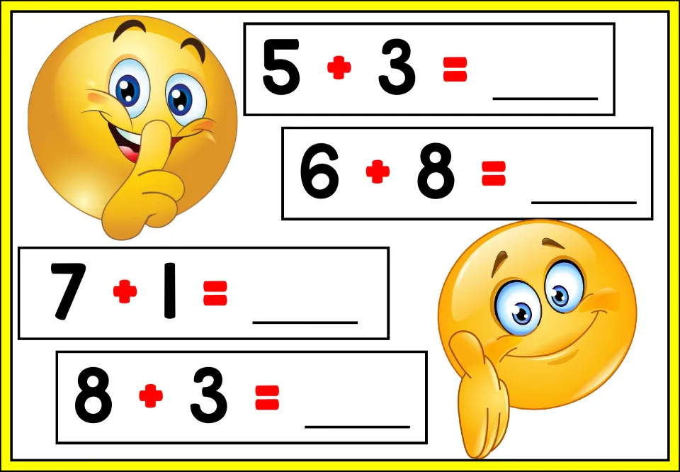 Addition practice: students find the sums of 5 + 3, 6 + 8, 7 + 1 and 8 + 3 and write each answer