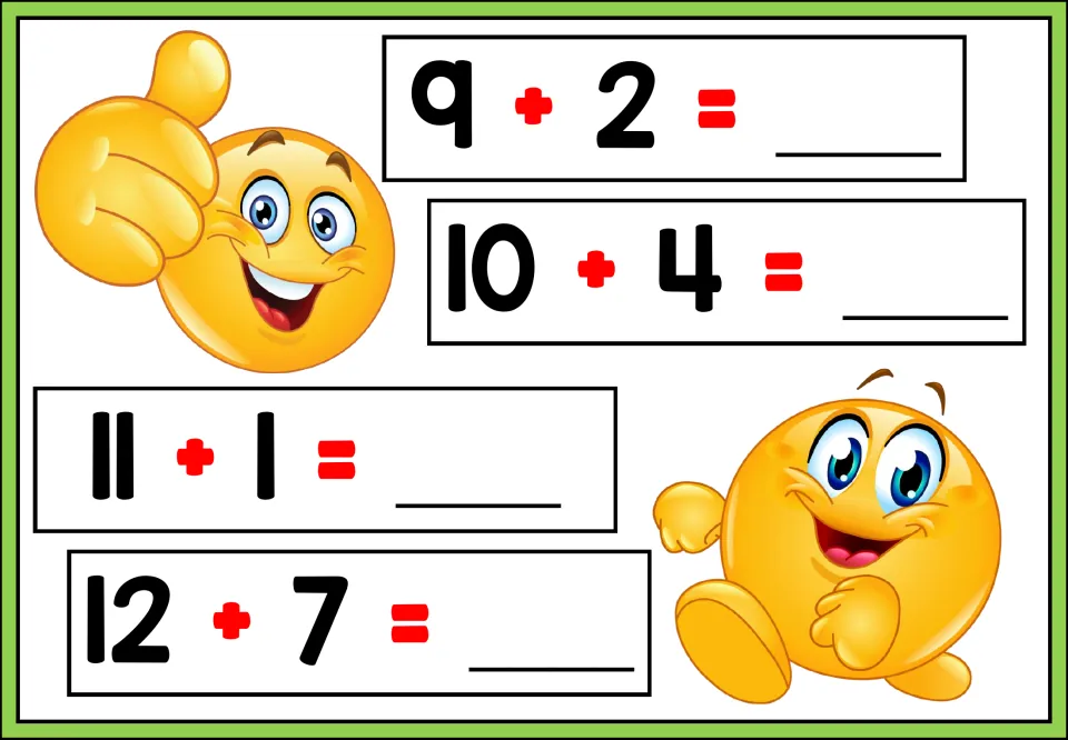 Adding to teen and two-digit numbers: students solve 9 + 2, 10 + 4, 11 + 1 and 12 + 7 and write each total
