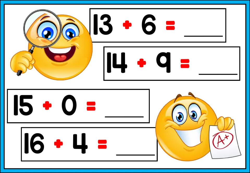 Teen-number addition: students solve 13 + 6, 14 + 9, 15 + 0 and 16 + 4, including adding zero, beside emoji clip art