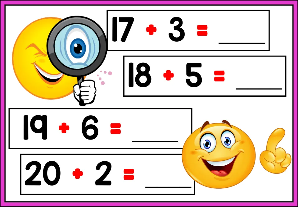 Two-digit addition: students solve 17 + 3, 18 + 5, 19 + 6 and 20 + 2 and write each sum after the equals sign