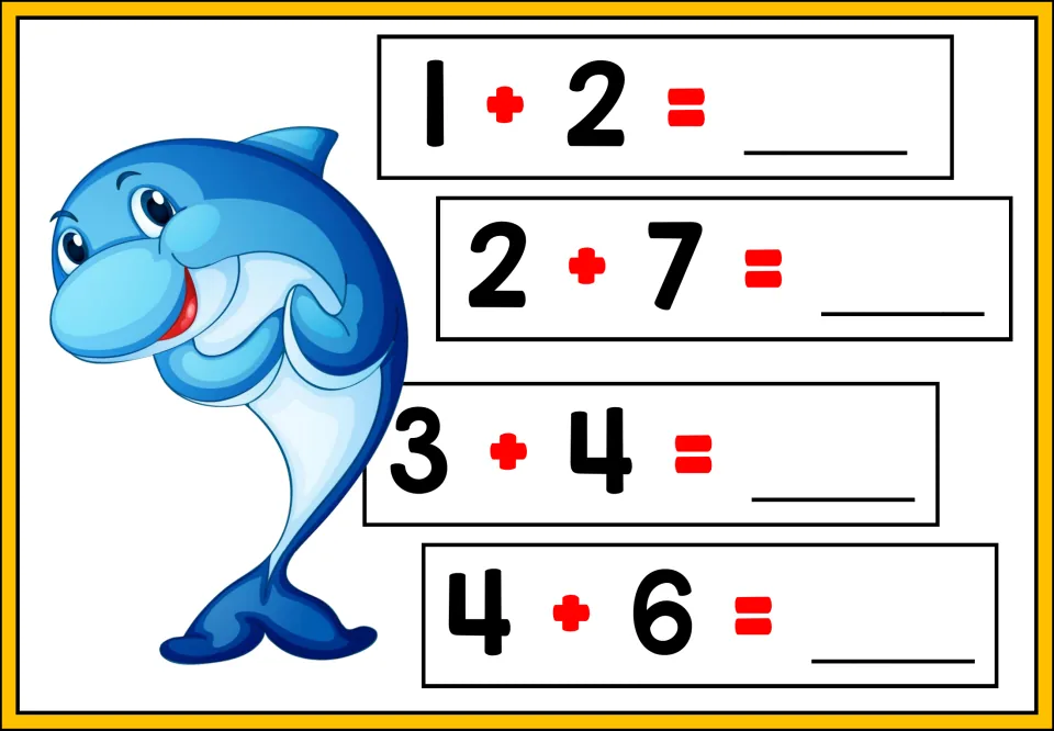 Addition practice sheet 1 of 5: solve 1 + 2, 2 + 7, 3 + 4, and 4 + 6 to complete four addition problems.