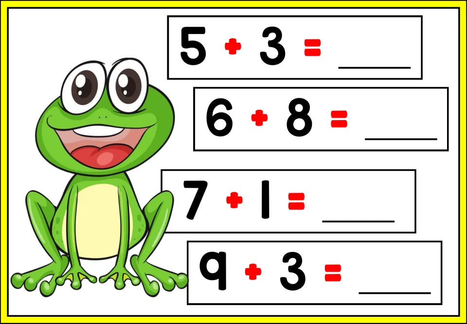 Addition practice sheet 2 of 5: solve 5 + 3, 6 + 8, 7 + 1, and 9 + 3 to complete four addition problems.