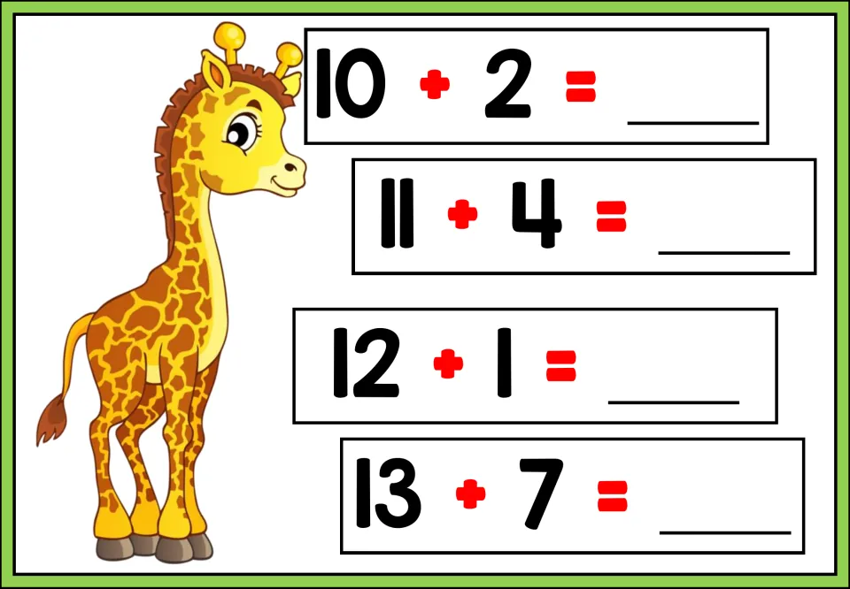 Addition practice sheet 3 of 5: solve 10 + 2, 11 + 4, 12 + 1, and 13 + 7 in four addition problems.