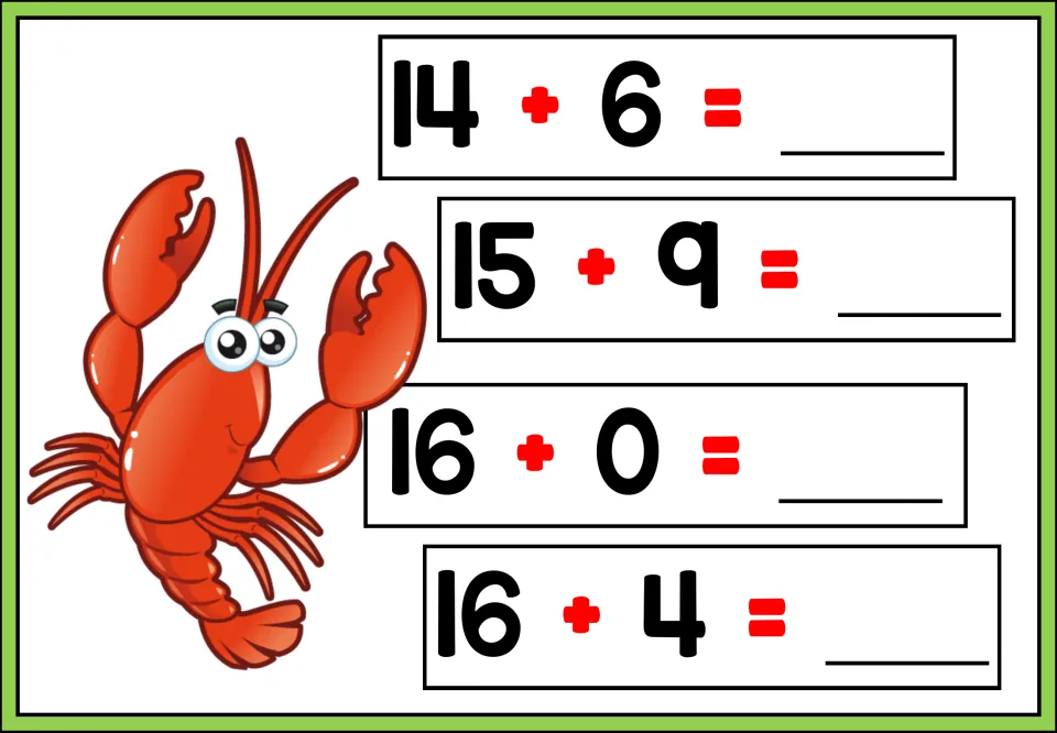 Addition practice sheet 4 of 5: solve 14 + 6, 15 + 9, 16 + 0, and 16 + 4 in four addition problems.