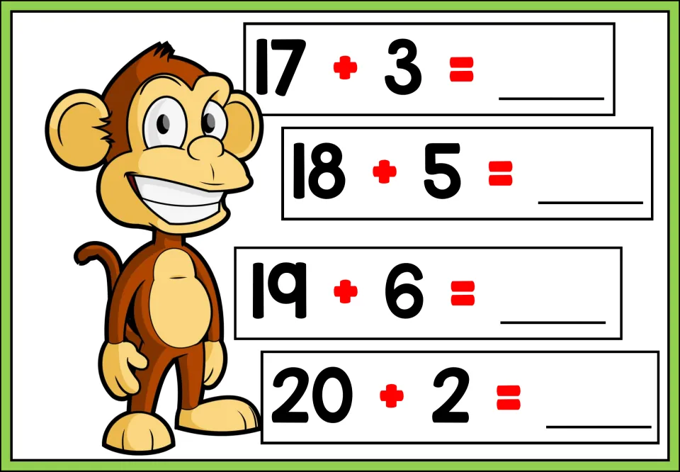 Addition practice sheet 5 of 5: solve 17 + 3, 18 + 5, 19 + 6, and 20 + 2 in four addition problems.