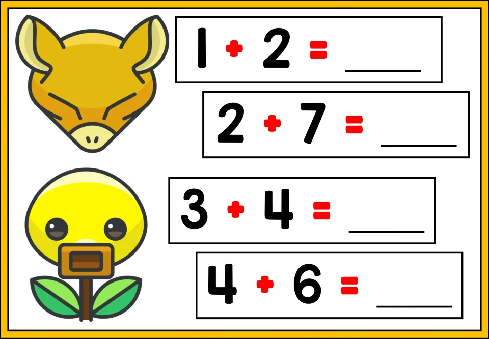 Single-digit addition: students write the sums for 1 + 2, 2 + 7, 3 + 4 and 4 + 6 beside two Pokemon character faces