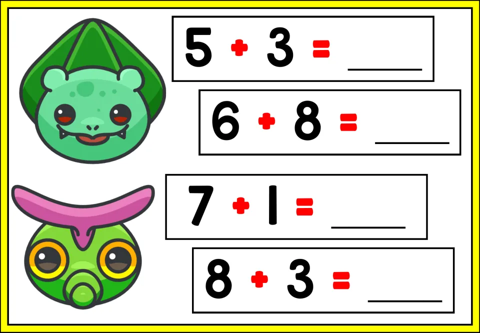 Adding single digits: students fill in the sums for 5 + 3, 6 + 8, 7 + 1 and 8 + 3 next to two green Pokemon faces