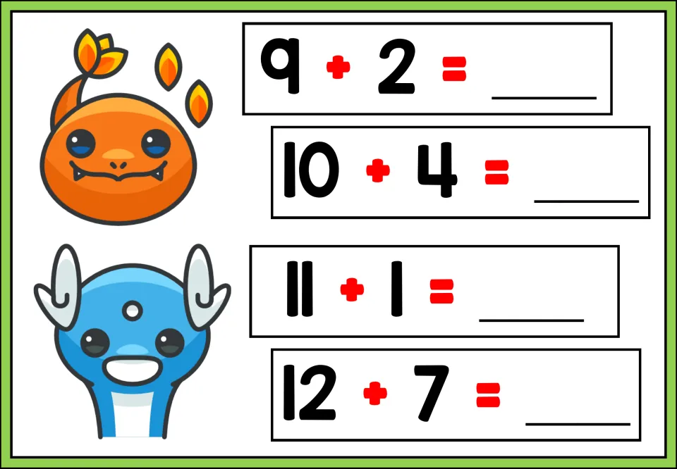 Adding to numbers 9 to 12: students solve 9 + 2, 10 + 4, 11 + 1 and 12 + 7, shown with an orange and a blue Pokemon
