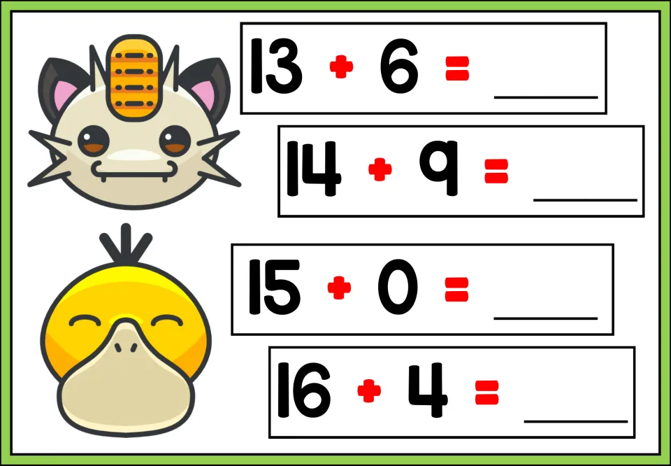 Adding to teen numbers: students write sums for 13 + 6, 14 + 9, 15 + 0 and 16 + 4, with a cat and a duck Pokemon