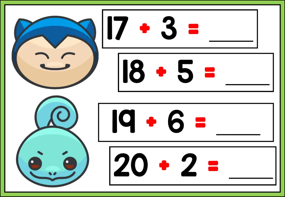 Adding to 17 through 20: students solve 17 + 3, 18 + 5, 19 + 6 and 20 + 2, beside a sleepy and a turtle Pokemon face