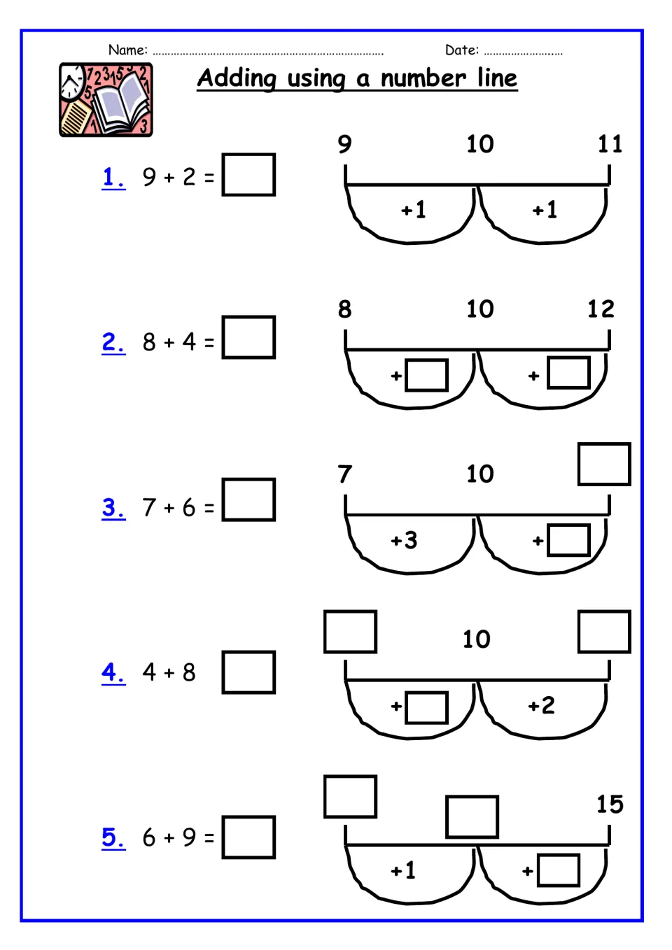 Adding using a number line: students solve 9 + 2 to 6 + 9 by jumping to 10, filling in missing jumps and endpoints