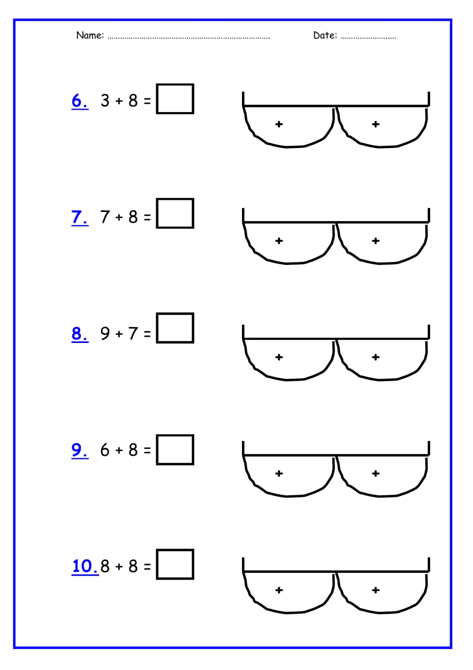 Two-jump addition: students solve 3 + 8, 7 + 8, 9 + 7, 6 + 8 and 8 + 8, writing both jump sizes on blank number lines