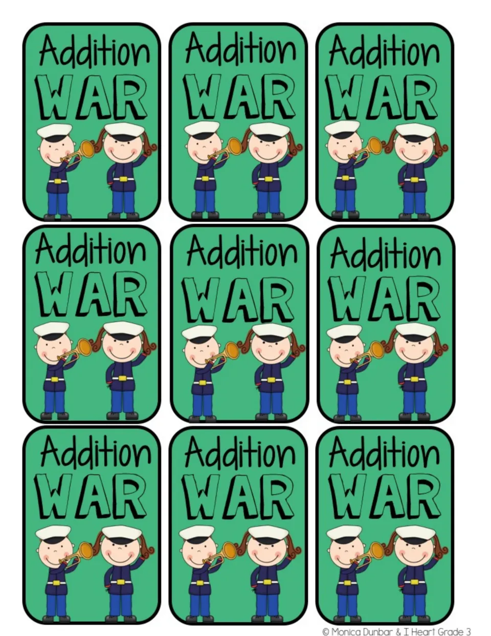 Nine matching card backs for the addition game, each labeled “Addition WAR” with two uniformed children