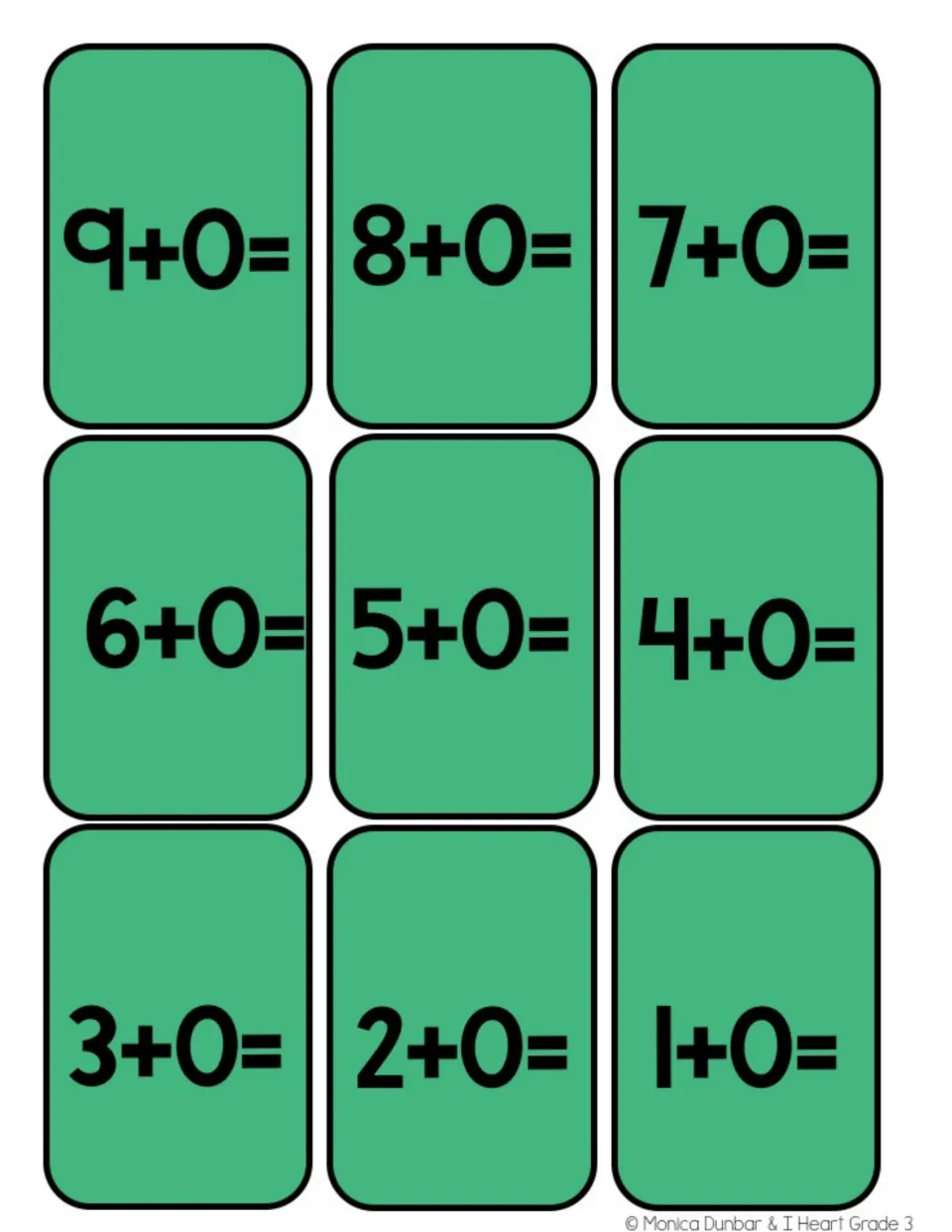 Nine addition game cards for adding zero, from 9 + 0 through 1 + 0, with each sum left for players to solve