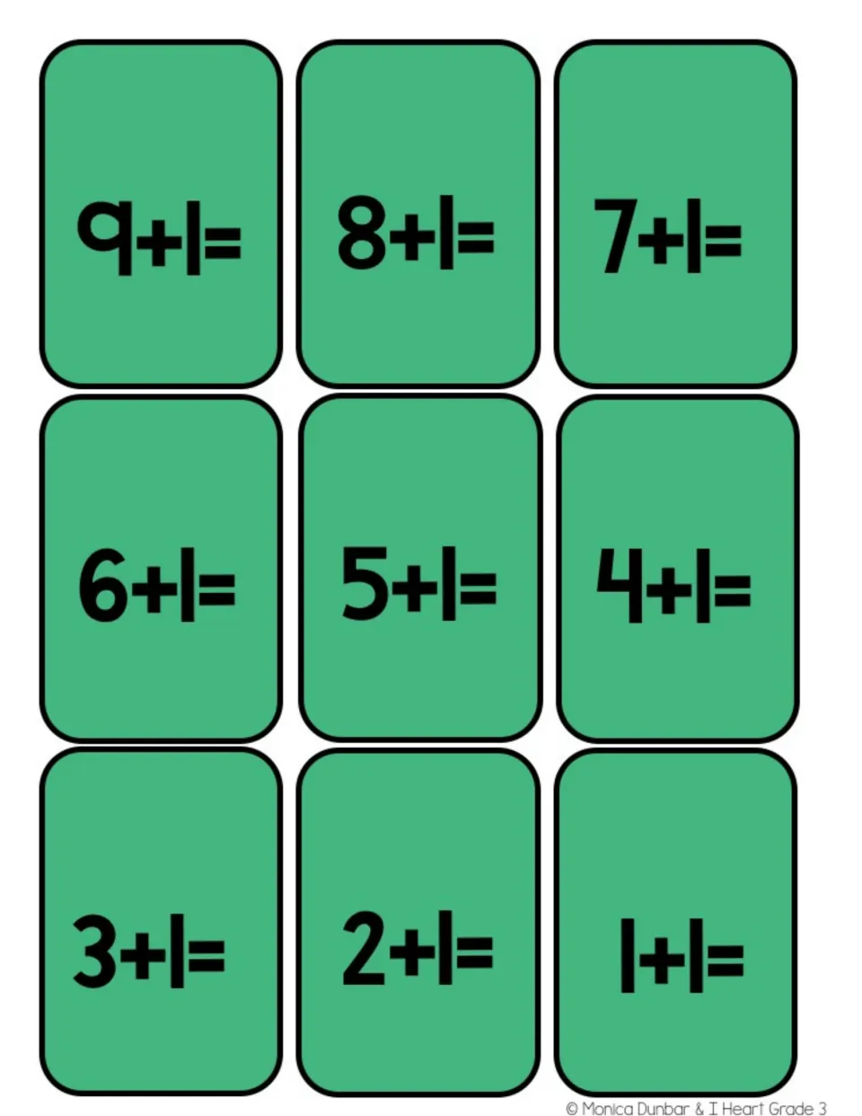 Nine addition game cards for adding one, from 9 + 1 through 1 + 1, with each sum left for players to solve