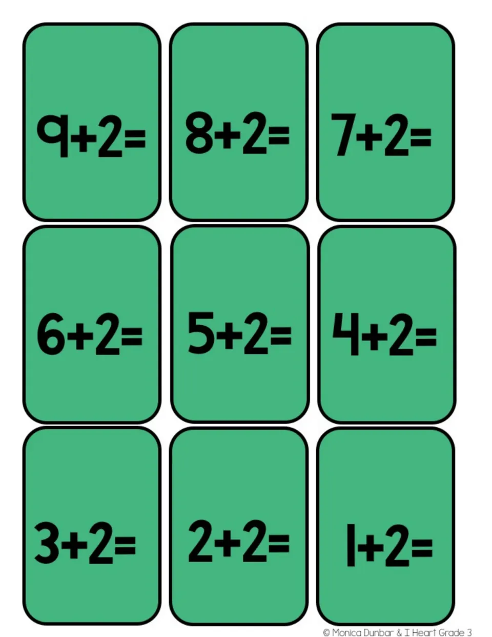 Nine addition game cards for adding two, from 9 + 2 through 1 + 2, with each sum left for players to solve