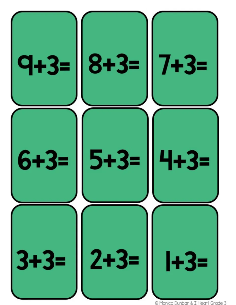 Nine addition game cards for adding three, from 9 + 3 through 1 + 3, with each sum left for players to solve