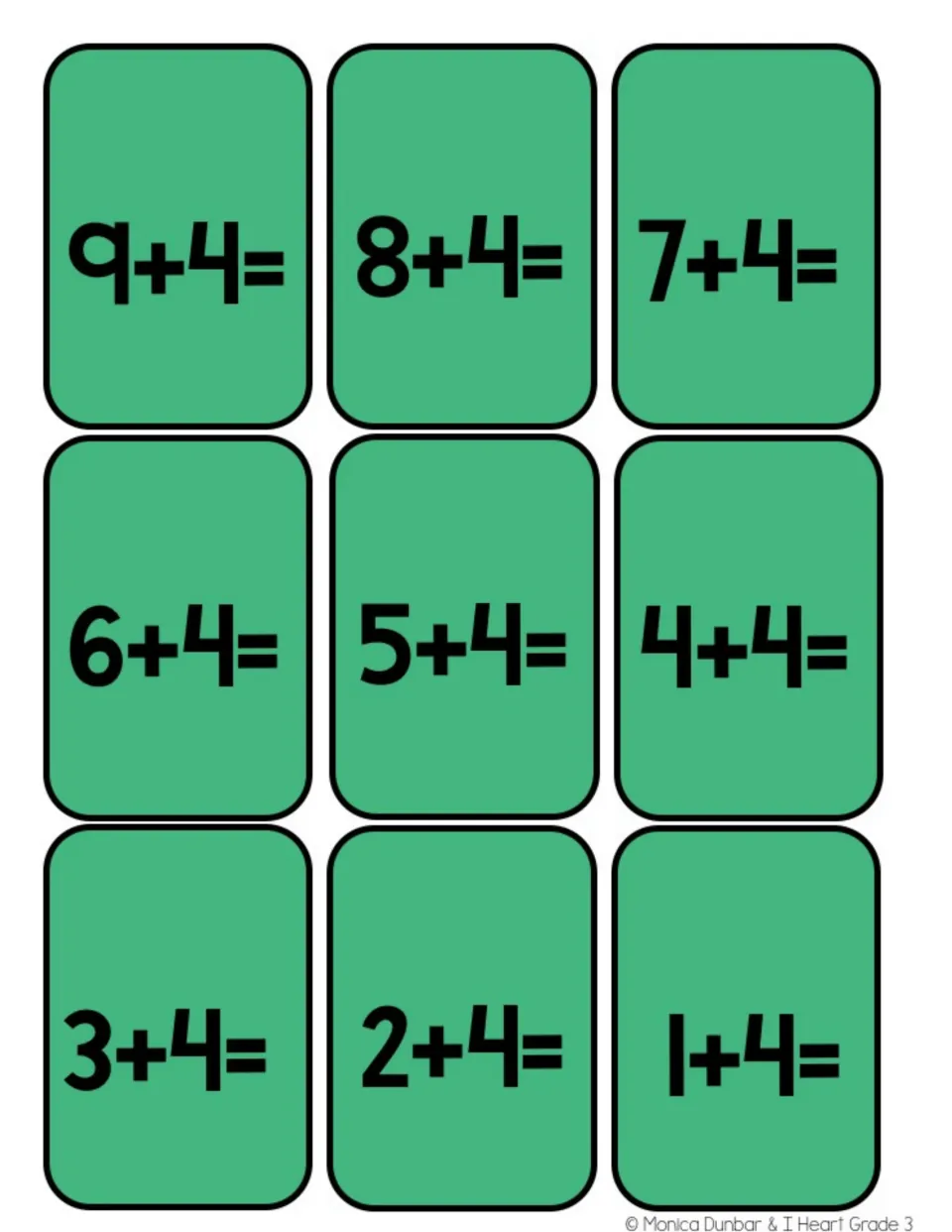 Nine addition game cards for adding four, from 9 + 4 through 1 + 4, with each sum left for players to solve
