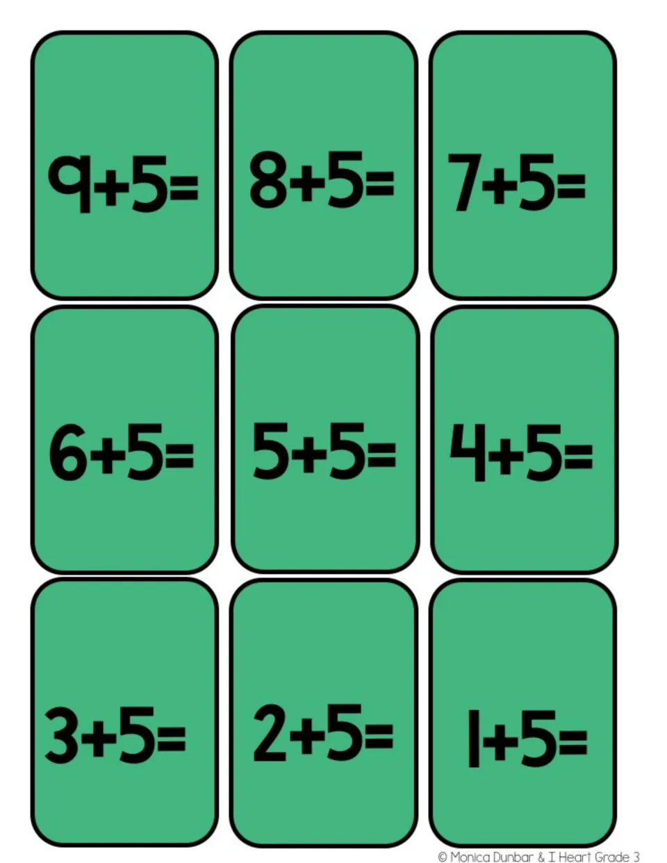 Nine addition game cards for adding five, from 9 + 5 through 1 + 5, with each sum left for players to solve