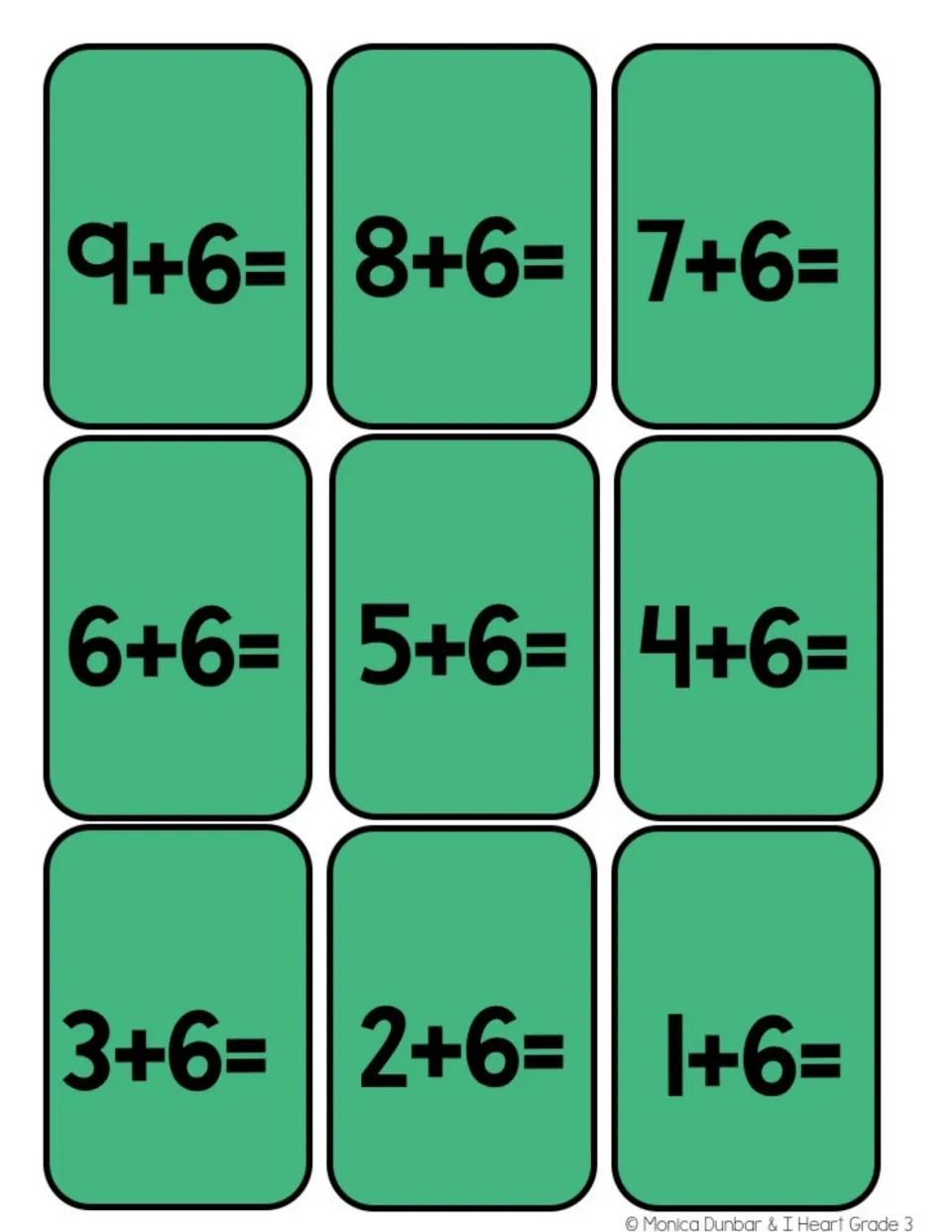 Nine addition game cards for adding six, from 9 + 6 through 1 + 6, with each sum left for players to solve