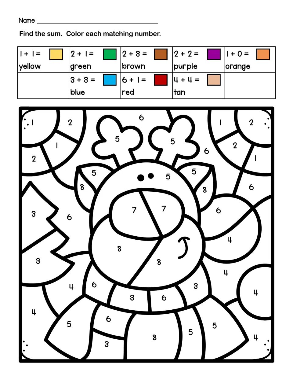 Reindeer color by code: students solve facts like 1+1 and 4+4, then color each space whose number matches a sum