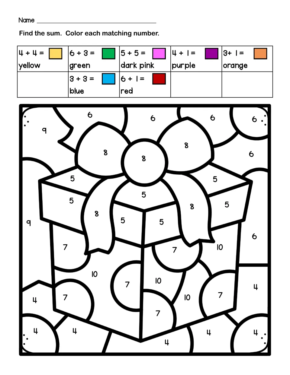 Gift box color by code: students add facts such as 6+3 and 5+5, then color numbered spaces 4 to 10 to reveal a present