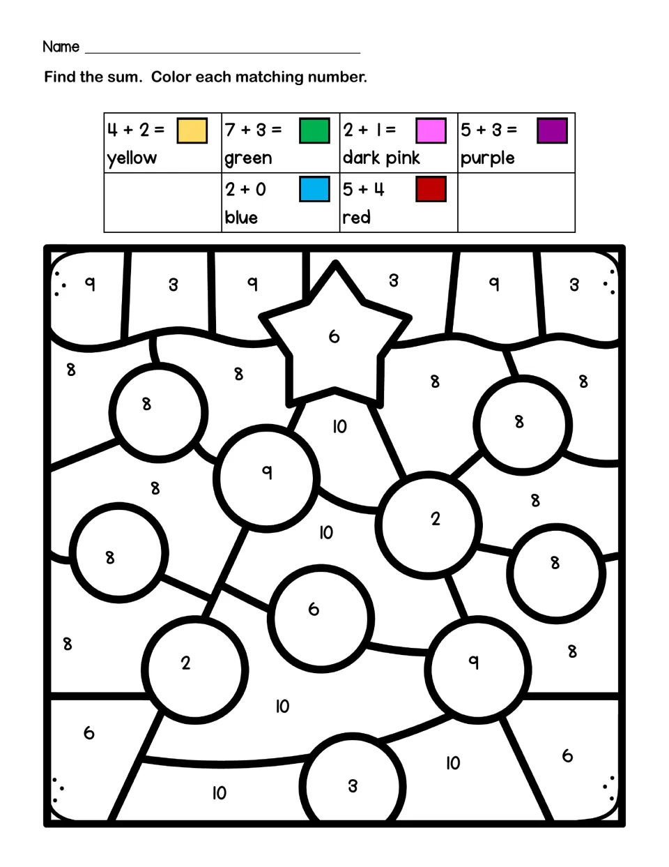 Christmas tree color by code: students find sums like 7+3 and 5+4, then color matching numbers on a tree with ornaments