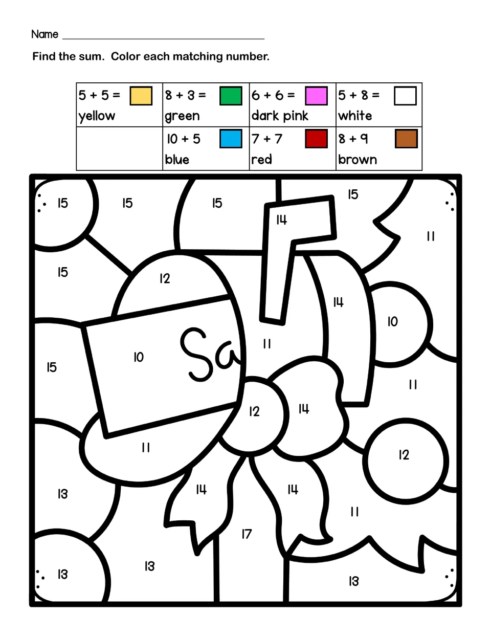 Santa sack color by code: students solve facts like 8+3, 6+6 and 8+9, then color spaces numbered 10 to 17