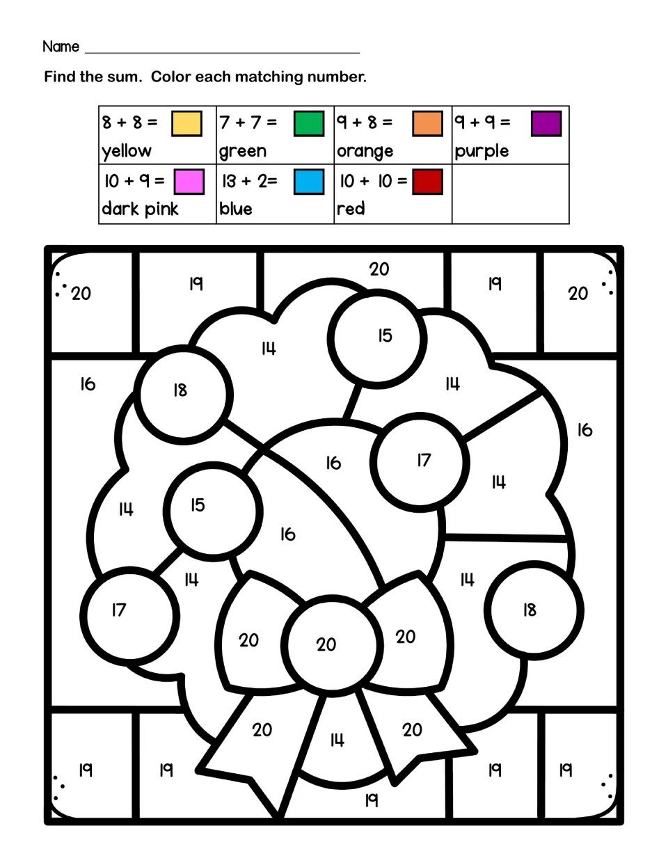 Wreath color by code: students add doubles and teen facts such as 9+9 and 10+10, then color spaces numbered 14 to 20