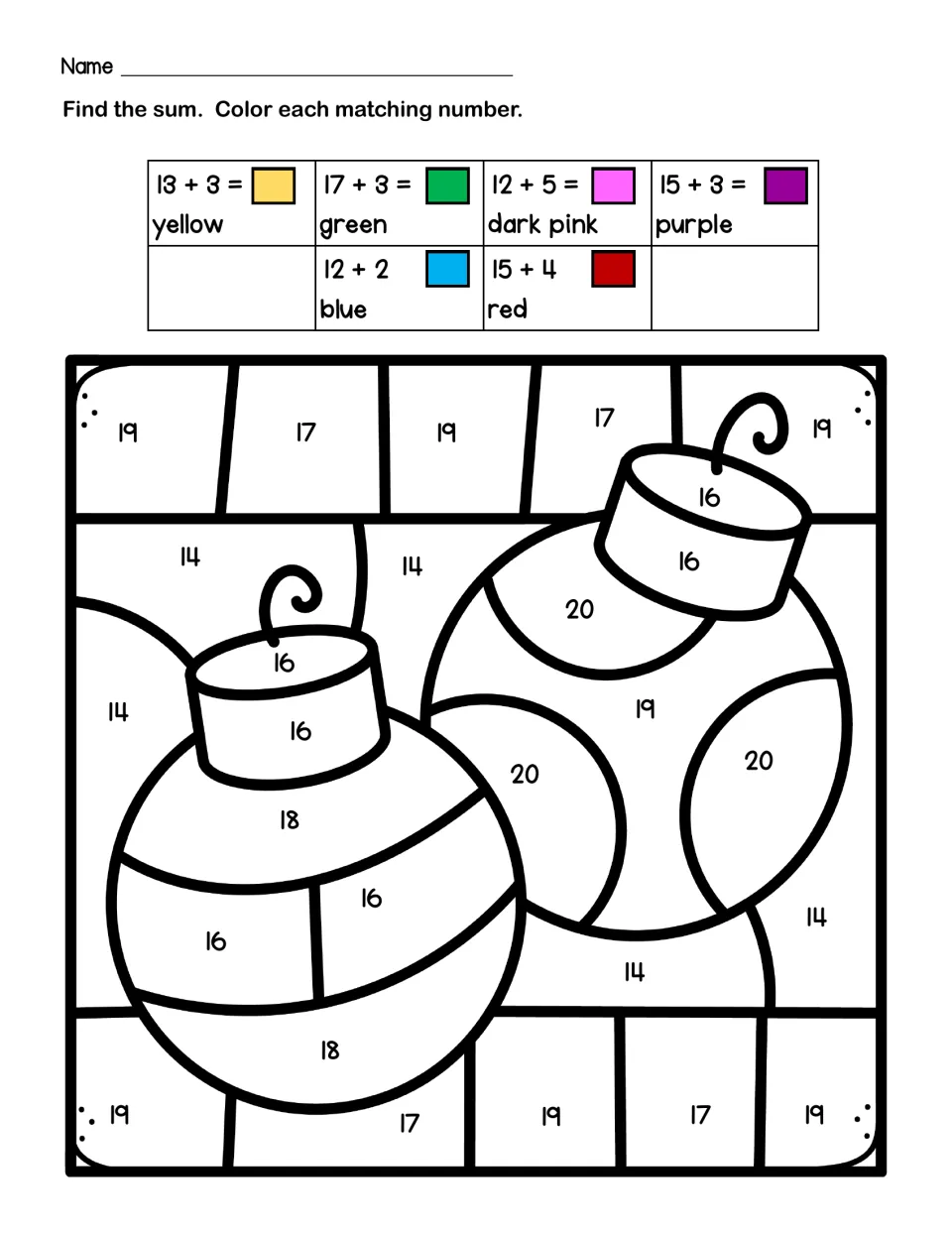 Ornaments color by code: students solve facts like 13+3, 17+3 and 15+4, then color matching sums 14 to 20 on two baubles