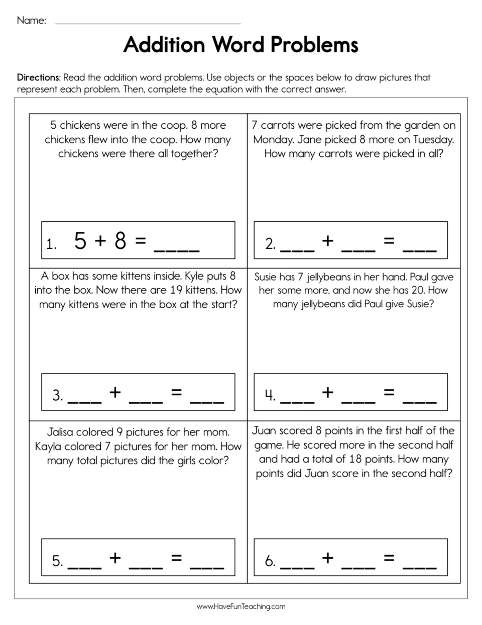 Addition word problems: students draw pictures for 6 stories, like chickens and carrots, then complete each equation
