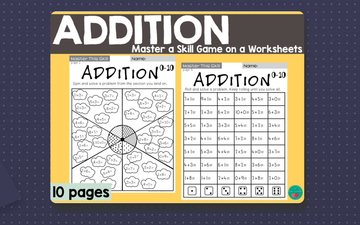 Addition Worksheets 0-10 worksheet page with the activity title and student response area.